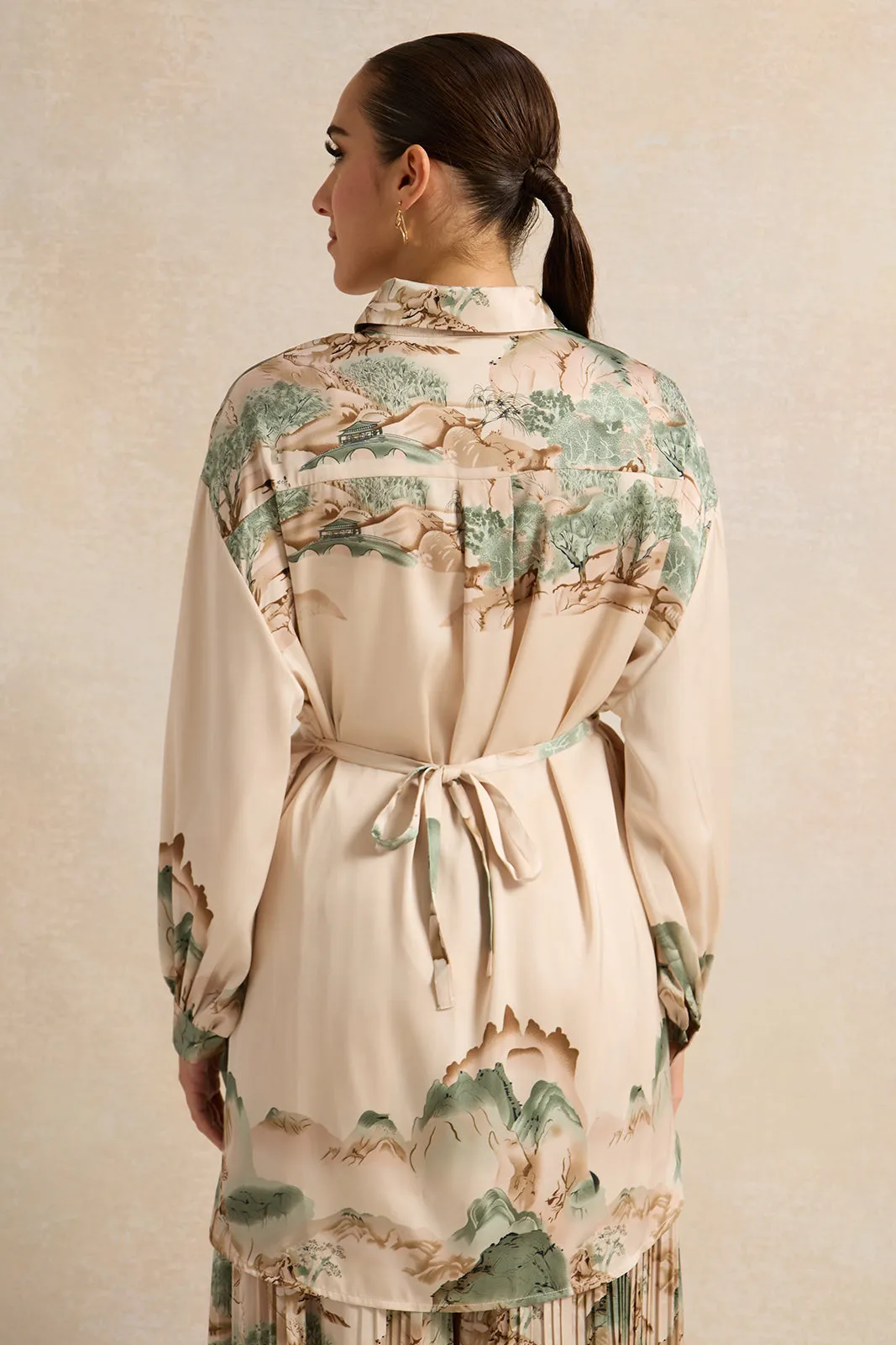 Women Beige Wrap Belted Printed Satin Shirt sold by Redtag product image thumbnail 3