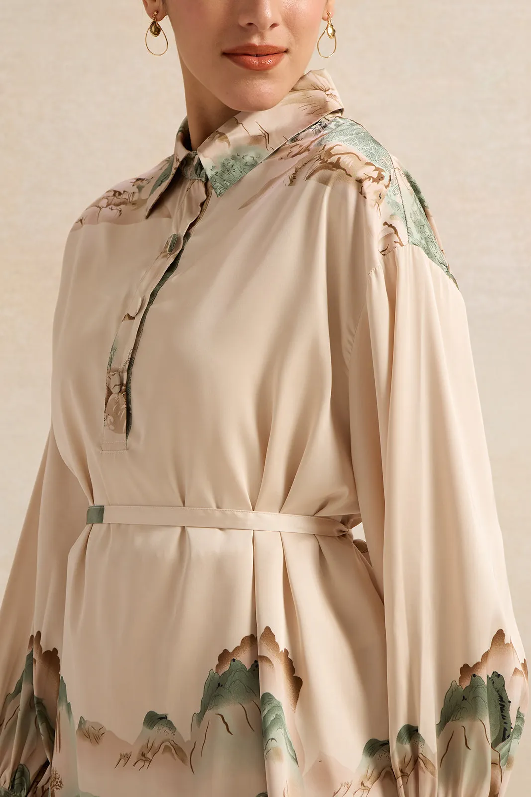 Women Beige Wrap Belted Printed Satin Shirt sold by Redtag product image thumbnail 4
