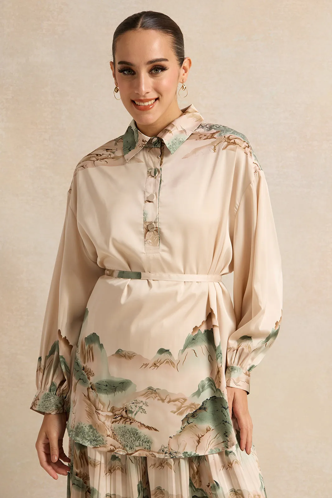 Women Beige Wrap Belted Printed Satin Shirt sold by Redtag