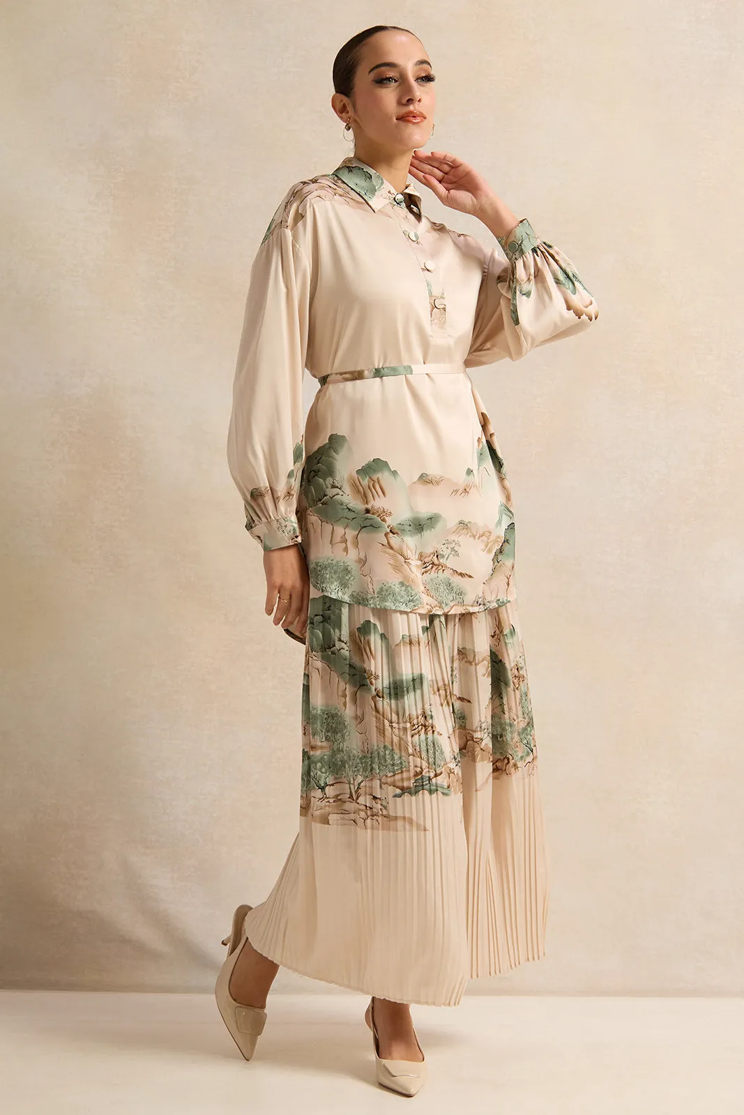 Women Beige Wrap Belted Printed Satin Shirt sold by Redtag product image thumbnail 2