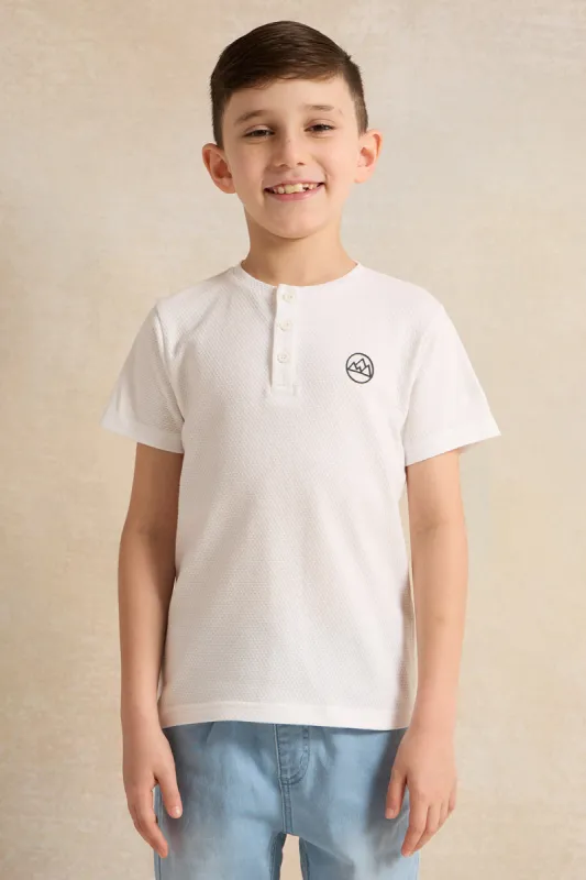 Boys White Solid Short Sleeve Henley T-Shirt sold by Redtag
