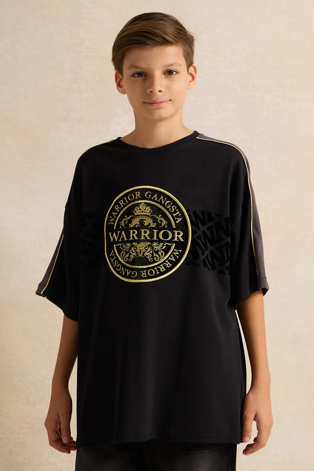 Senior Boys Black Warrior Print Oversize T-shirt sold by Redtag