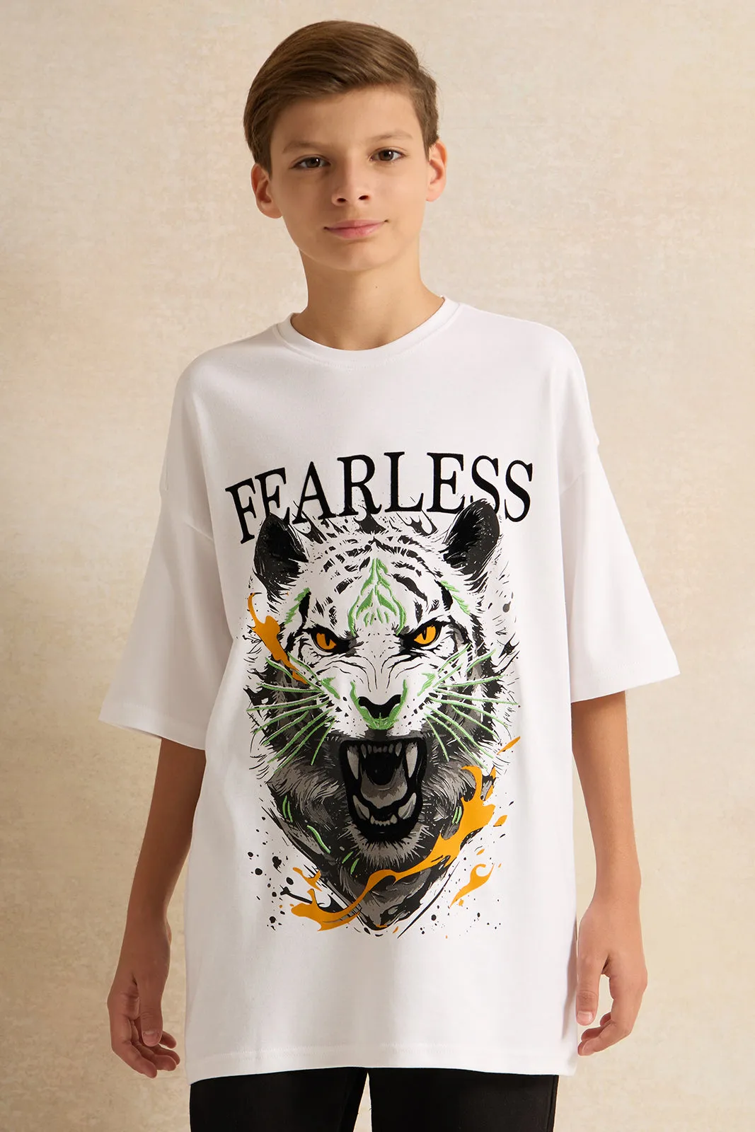 Senior Boys White Fearless Tiger Face Print T-shirt sold by Redtag