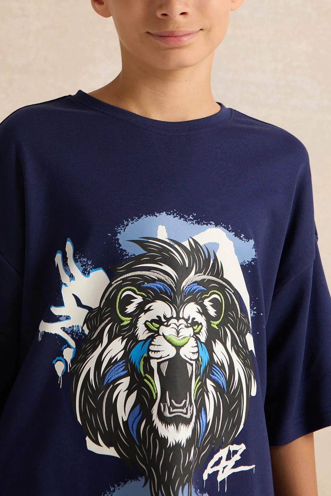 Senior Boys Navy Tiger Face Print T-shirt sold by Redtag product image thumbnail 4