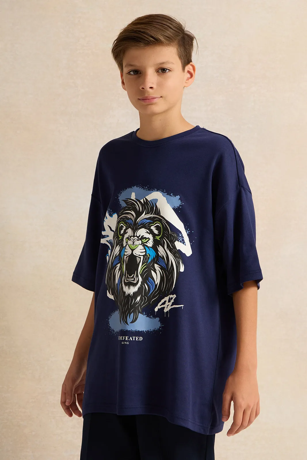 Senior Boys Navy Tiger Face Print T-shirt sold by Redtag