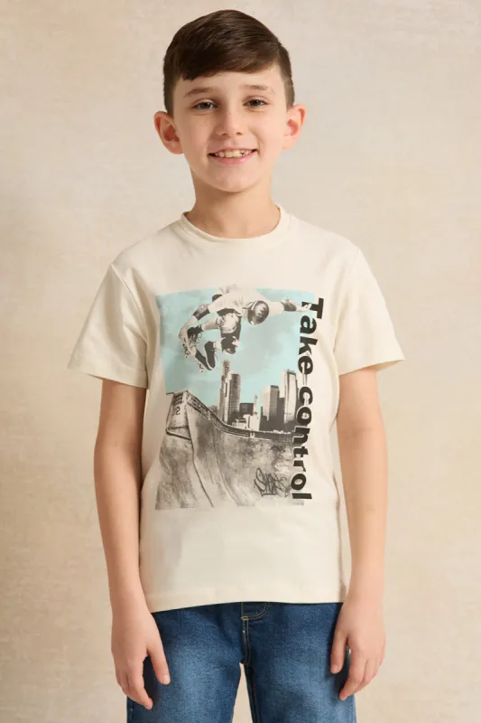 Boys Beige Printed Short Sleeved T-Shirt sold by Redtag