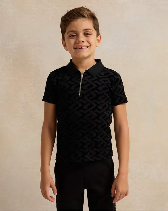 Boys Black Flock Print Polo Shirt With Zipper sold by Redtag