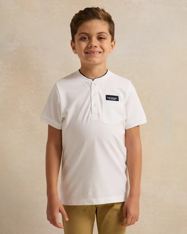 Boys White Mandarin Collar Polo Shirt sold by Redtag
