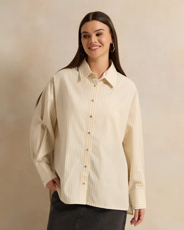 Women Beige Striped Oversized Shirt sold by Redtag