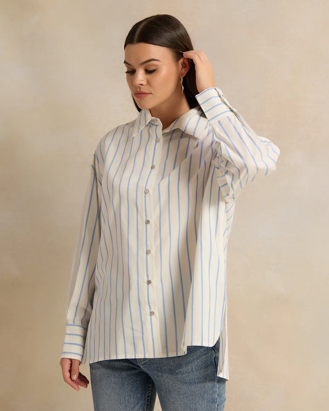 Women Blue Striped Oversized Shirt sold by Redtag