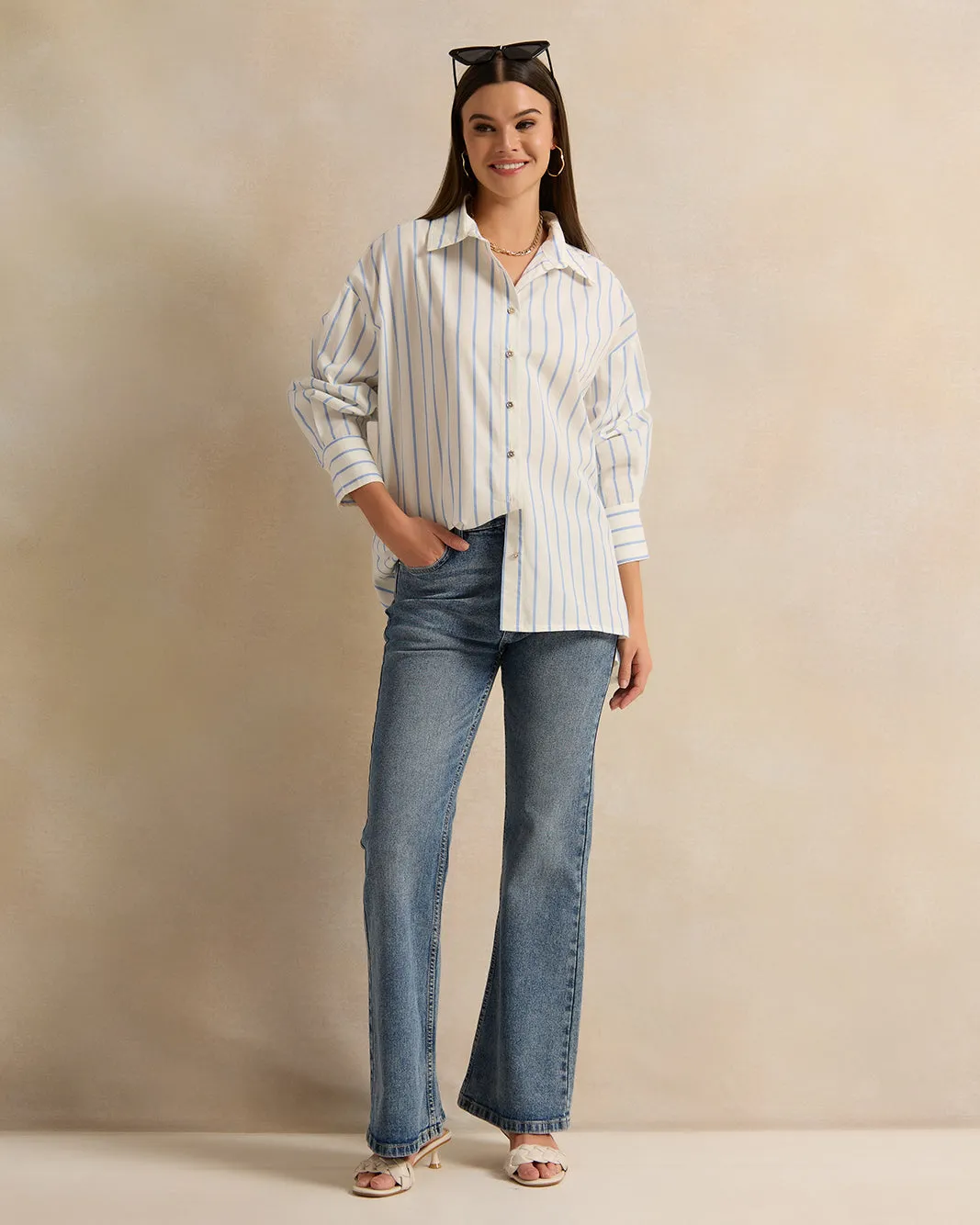 Women Blue Striped Oversized Shirt sold by Redtag product image thumbnail 2