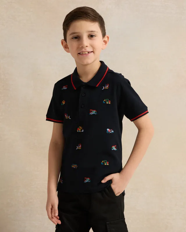 Boys Black Embroidered Polo T-Shirt sold by Redtag