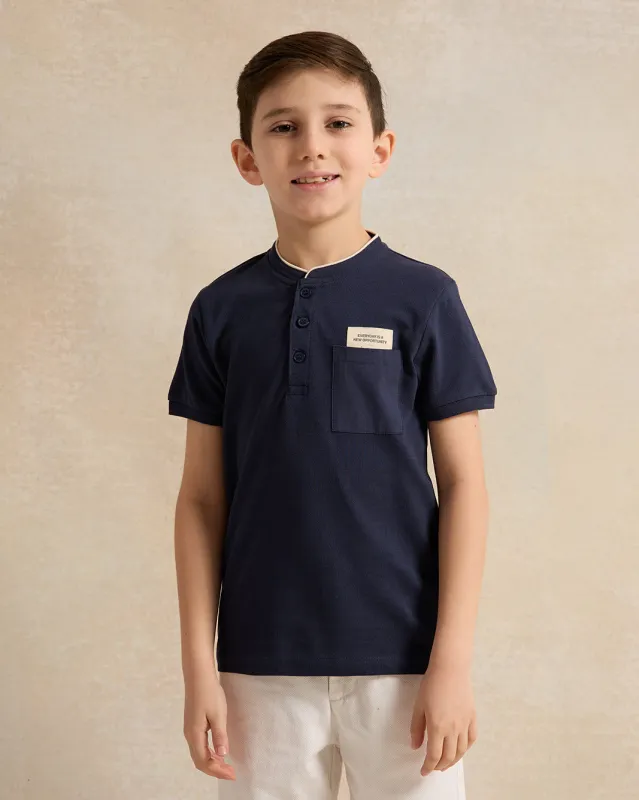 Boys Navy Mandarin Collar T-shirt sold by Redtag