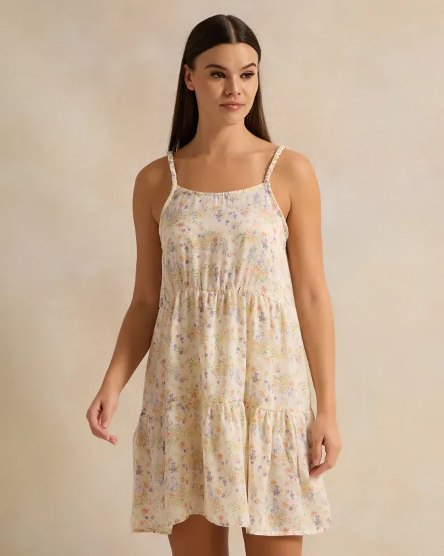 Women Cream Printed Tiered Chemise sold by Redtag
