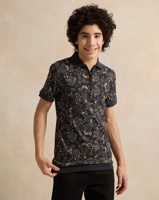 Senior Boys Black Printed Polo T-Shirt sold by Redtag