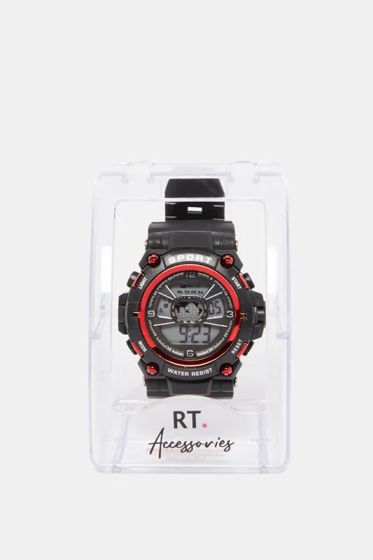 Boys Black And Red Multi Functional Digital Watch sold by Redtag