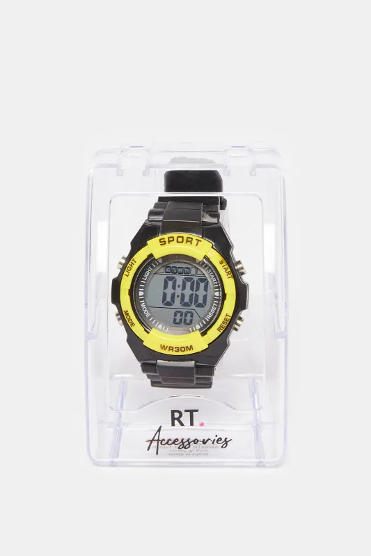 Boys Black And Yellow Multi Functional Digital Watch sold by Redtag