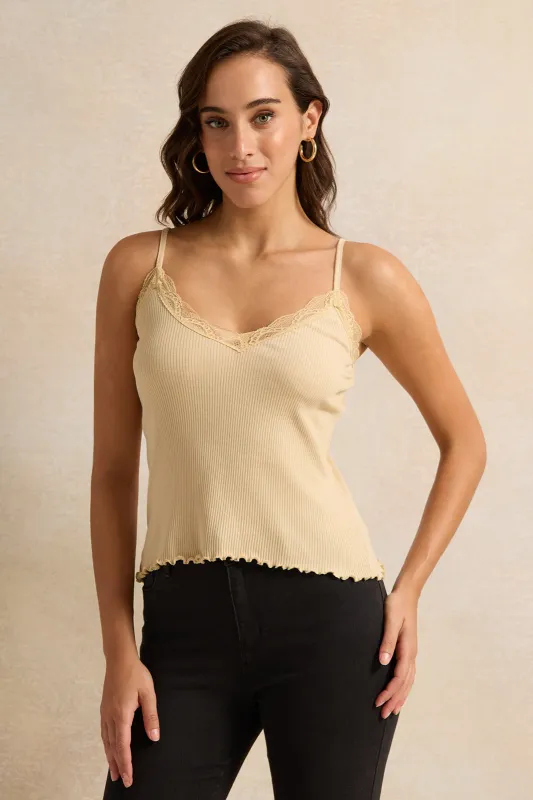 Women Beige Strappy Lace Vest sold by Redtag