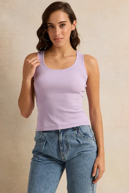 Women Lilac Solid Ribbed Vest sold by Redtag