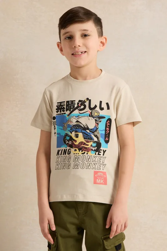 Boys Beige Print T-Shirt sold by Redtag