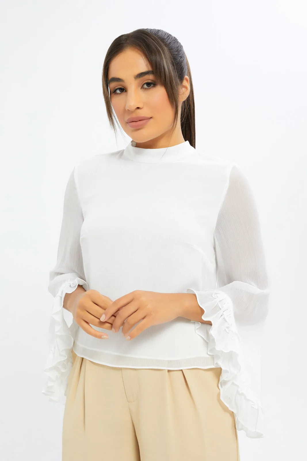 Women White High Neck Ruffle Top sold by Redtag