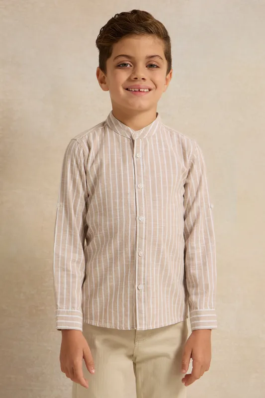 Boys Beige Striped Mandarin Collar Shirt sold by Redtag