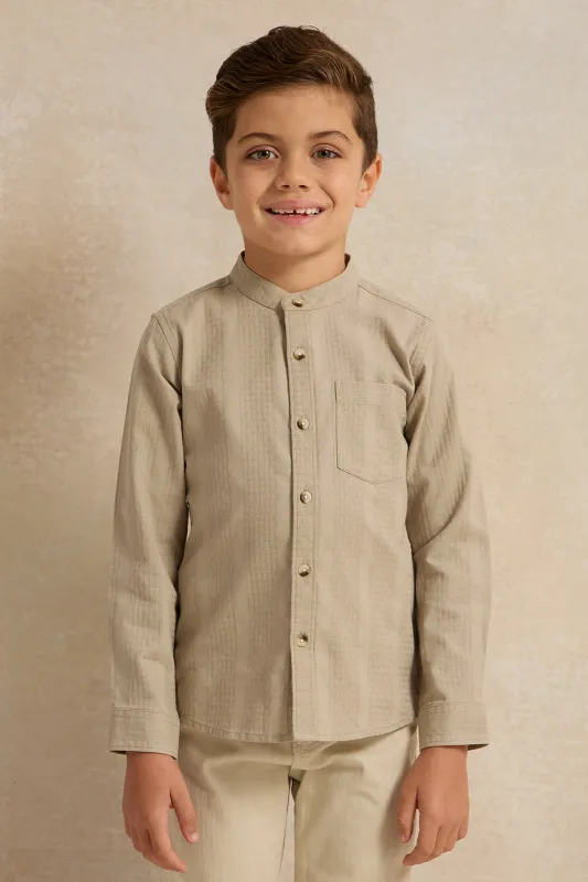 Boys Olive Jacquard Mandarin Collar Shirt sold by Redtag