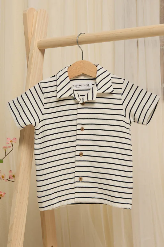 Infant Boys White And Navy Striped Jacquard Shirt sold by Redtag