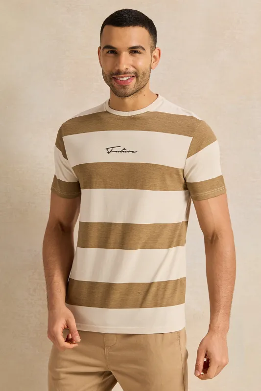 Men Beige Striped T-Shirt sold by Redtag