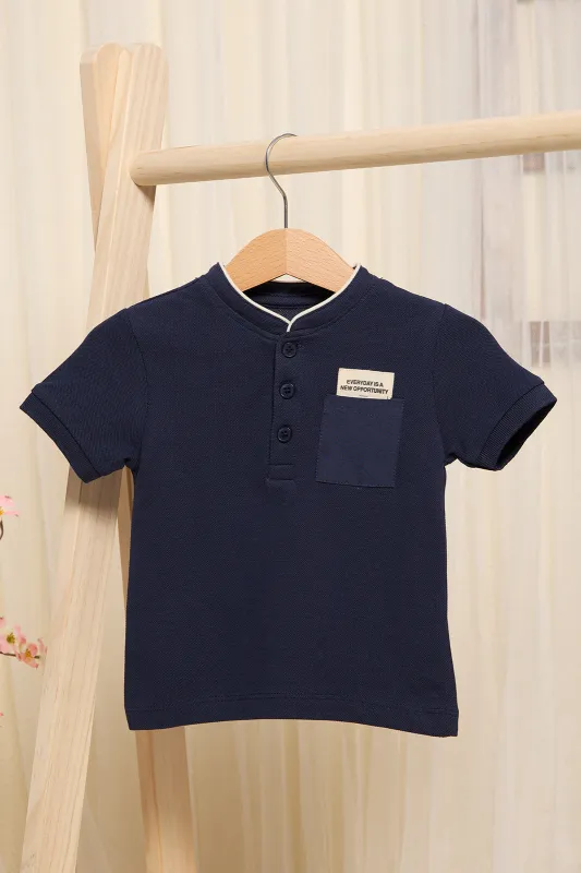 Infant Boys Navy Mandarin Polo Shirt sold by Redtag