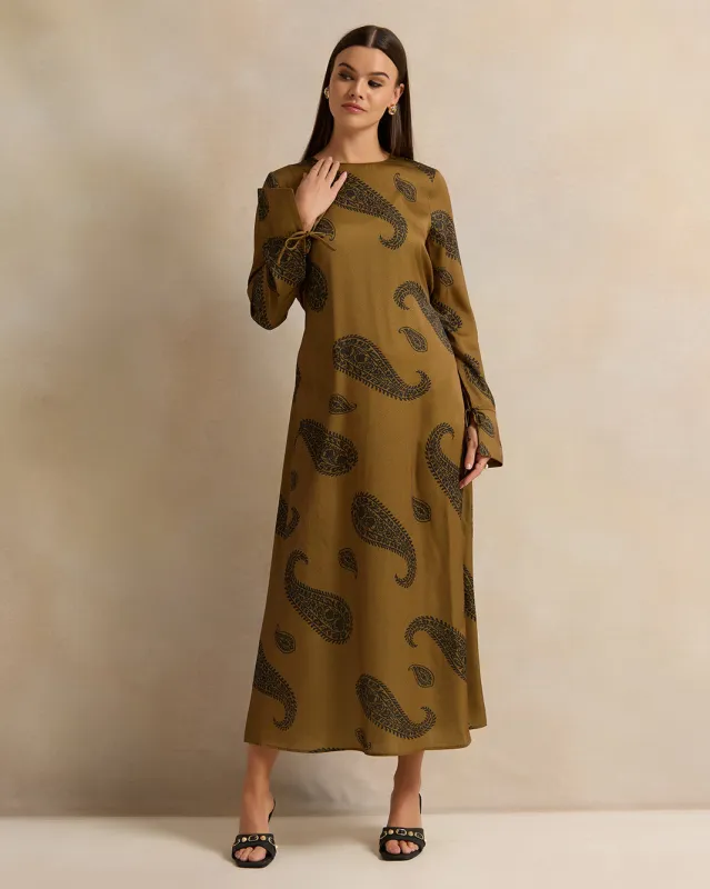 Women Brown Printed Satin A Line Dress sold by Redtag