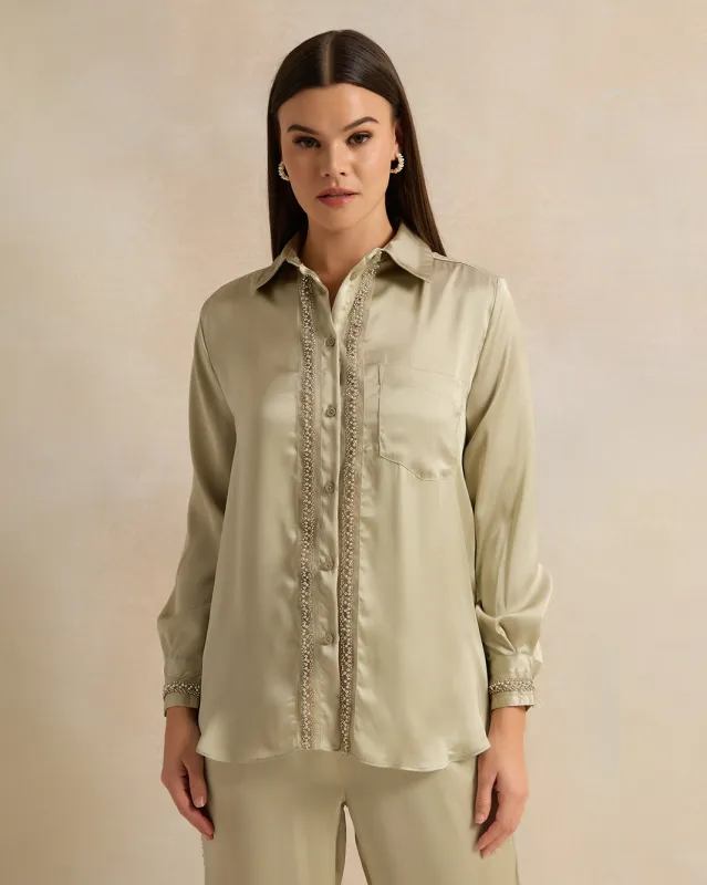 Women Green Embellished Satin Shirt sold by Redtag