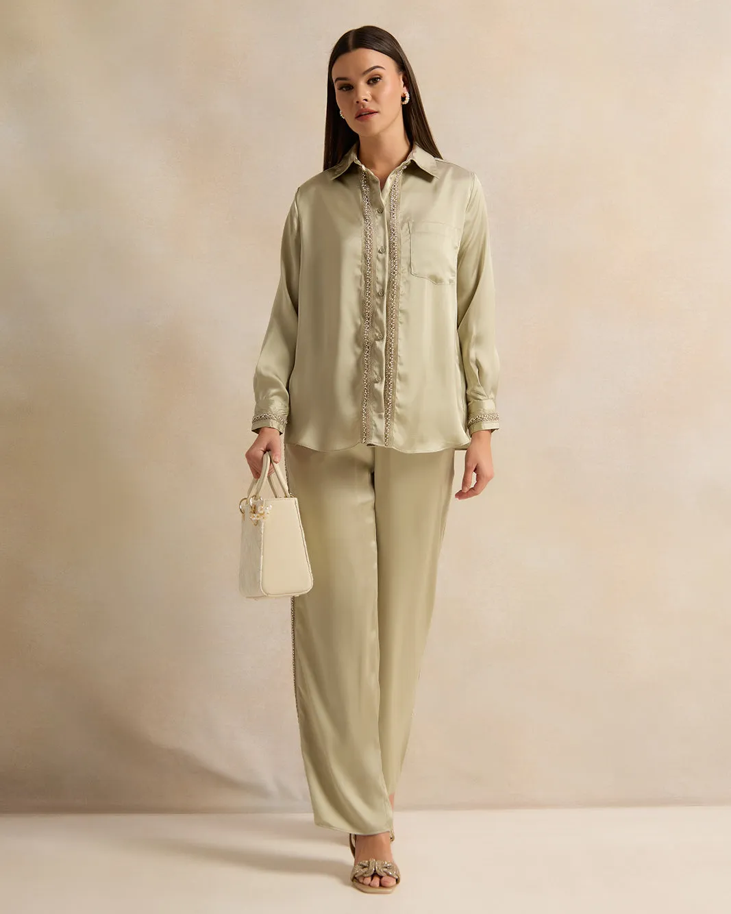 Women Green Side Seam Embellished Satin Trousers sold by Redtag product image thumbnail 2