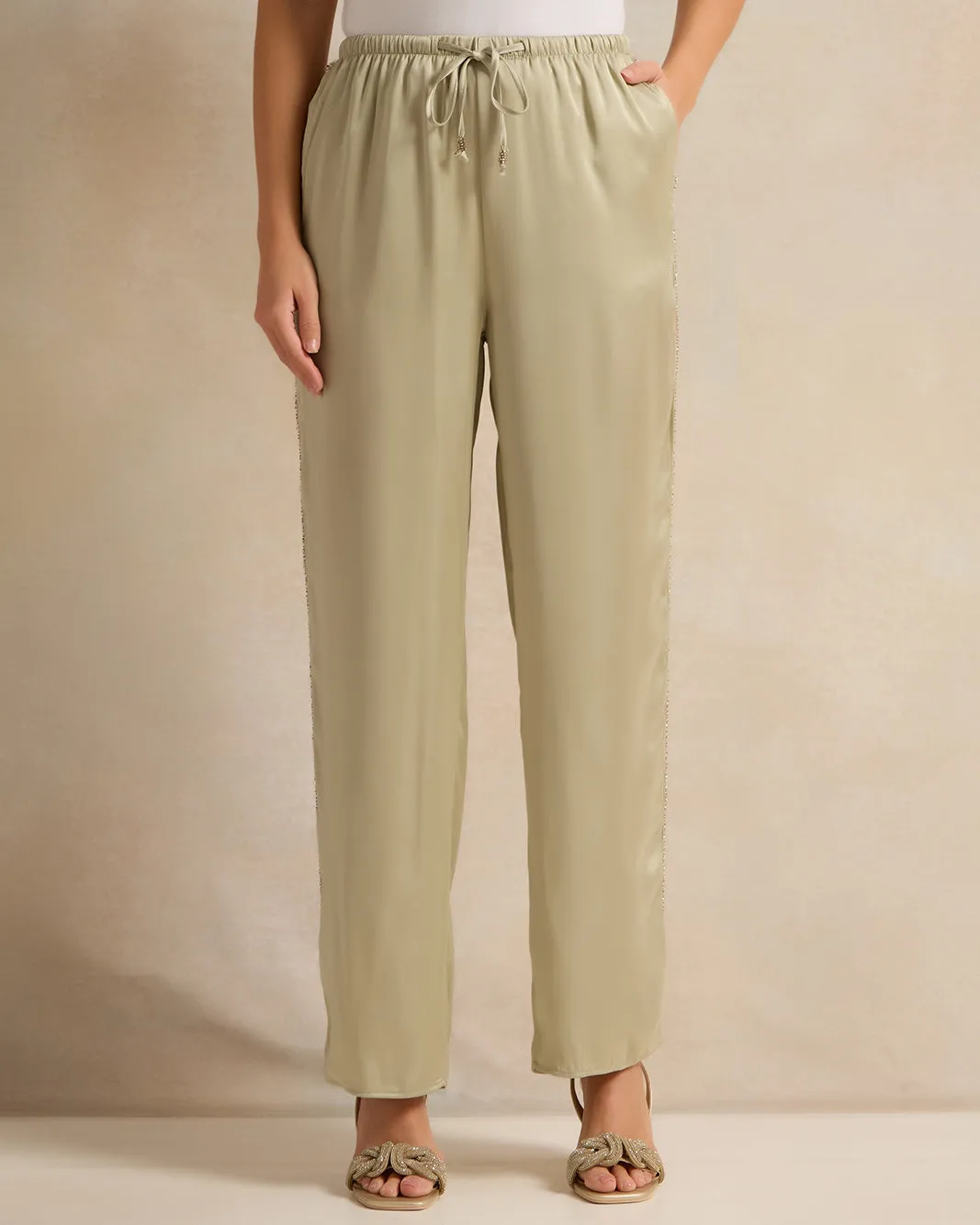 Women Green Side Seam Embellished Satin Trousers sold by Redtag