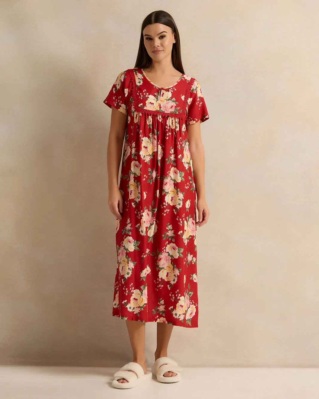 Women Red Short Sleeve Printed Nightgown sold by Redtag