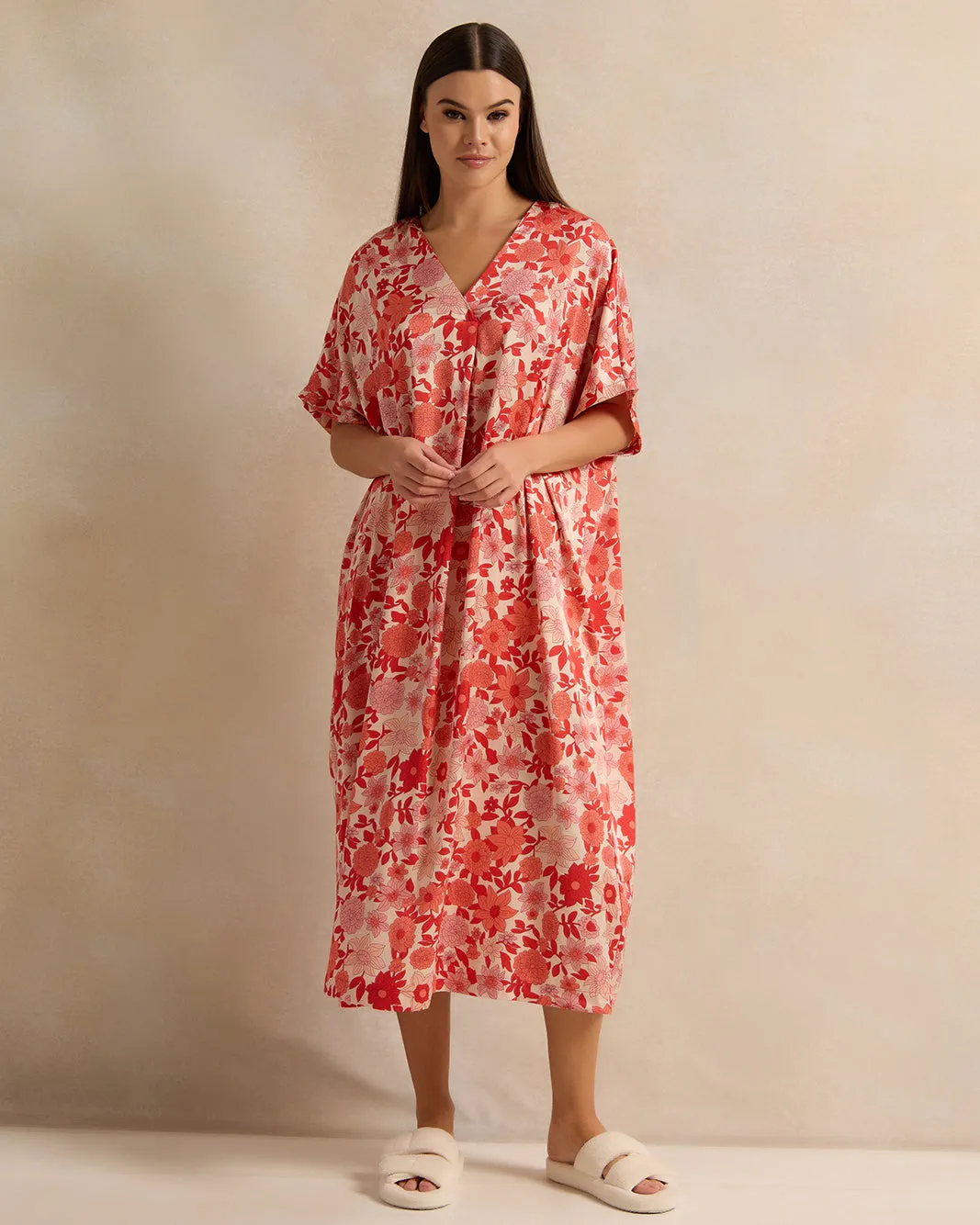 Women Red Floral Kaftan Satin Nightgown sold by Redtag product image thumbnail 4