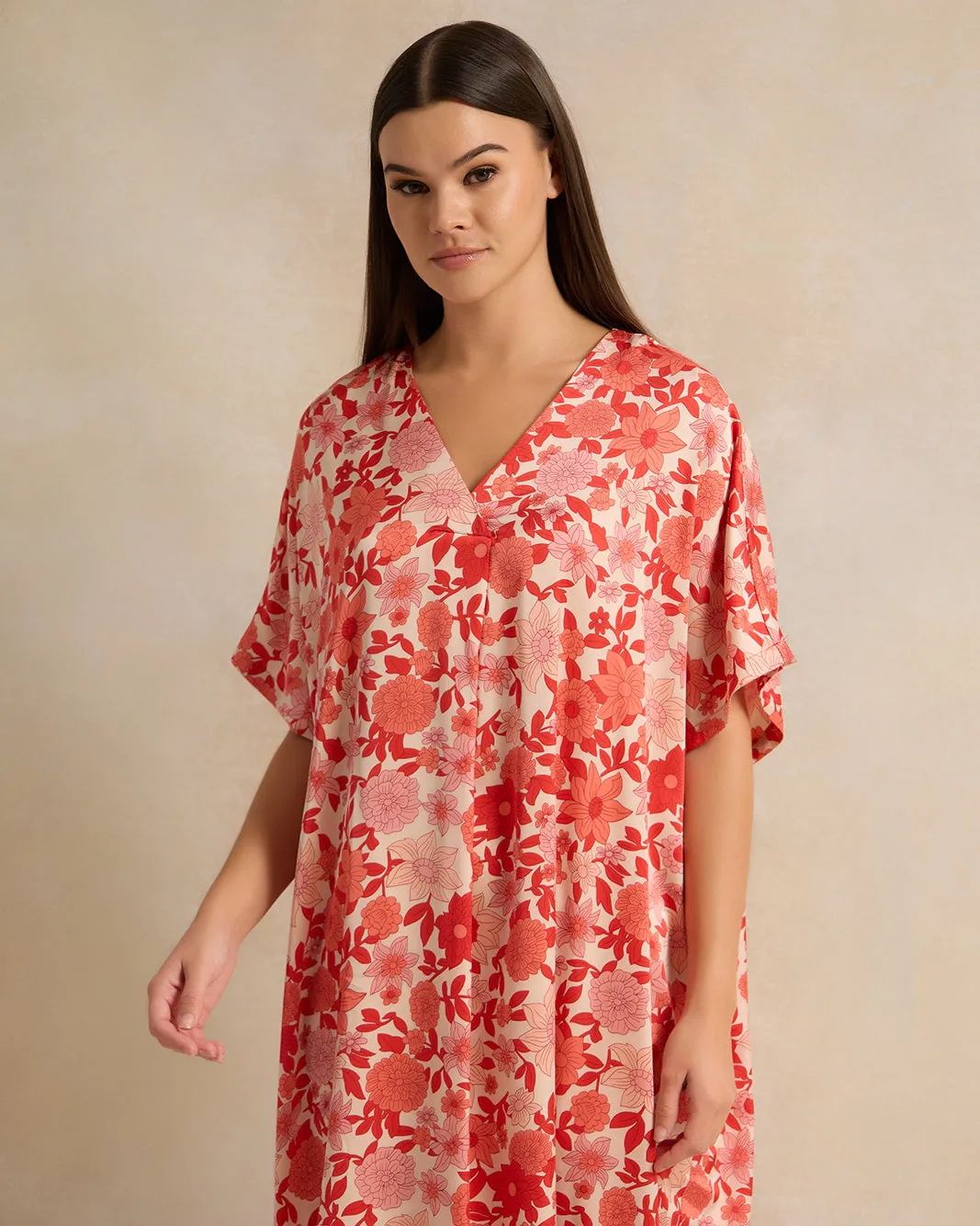 Women Red Floral Kaftan Satin Nightgown sold by Redtag product image thumbnail 2