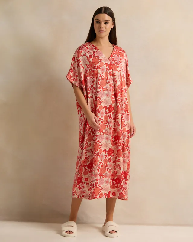 Women Red Floral Kaftan Satin Nightgown sold by Redtag