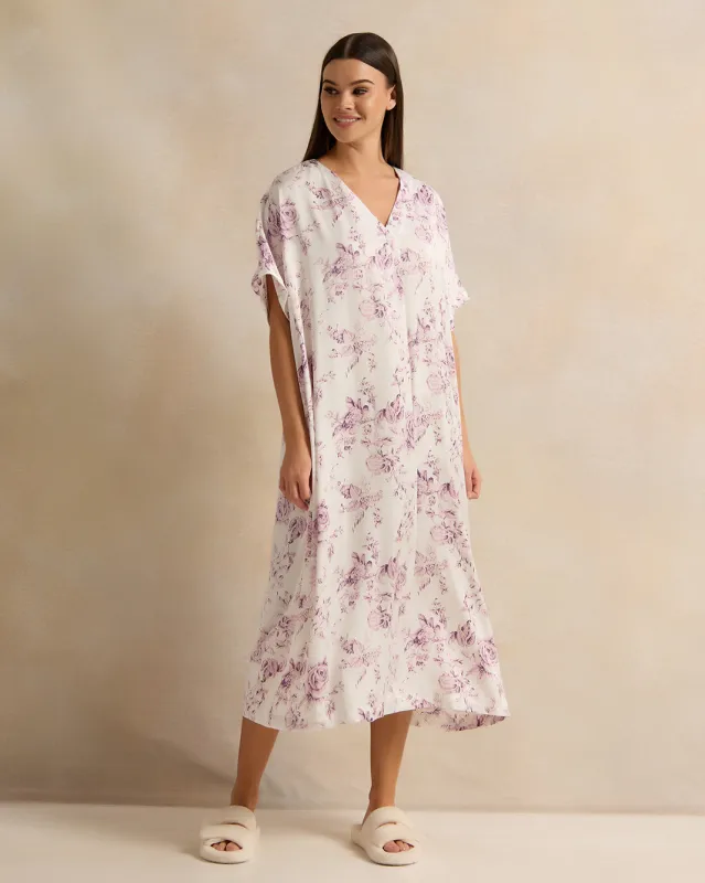 Women Lilac Flower Kaftan Satin Nightgown sold by Redtag