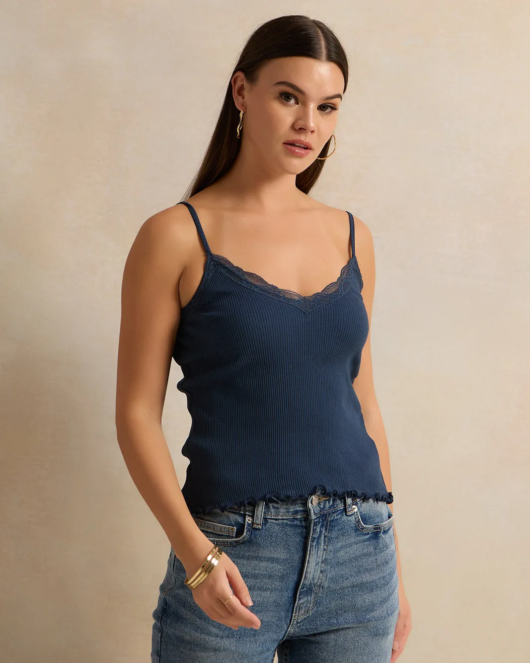 Women Navy Sleeve Less Ribbed Vest sold by Redtag