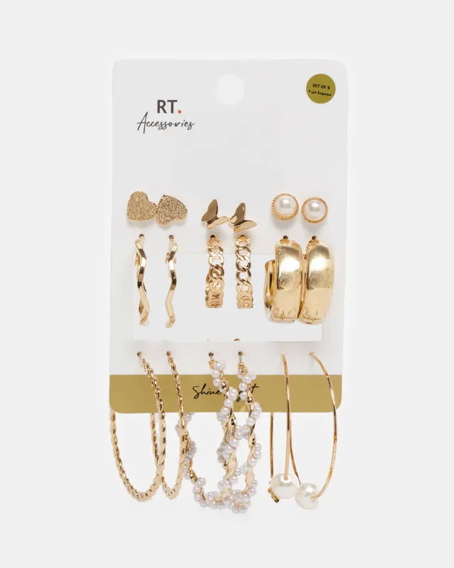 Women Gold Embellished Earring Set (9 Pairs) sold by Redtag