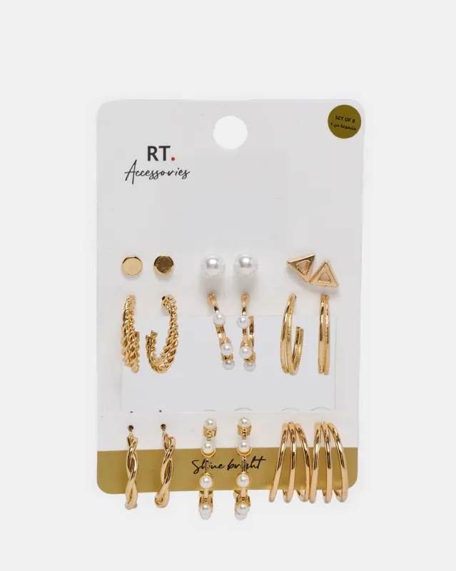 Women Gold Embellished Earring Set (9 Pairs) sold by Redtag