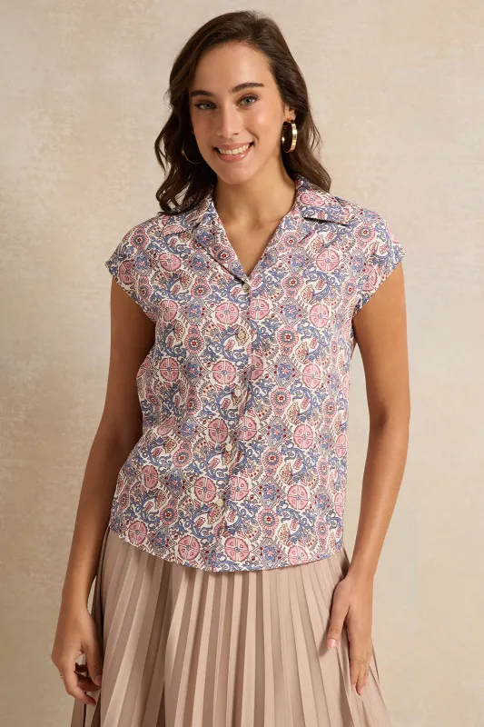 Women Purple Print Button Down Collared Resort Shirt sold by Redtag