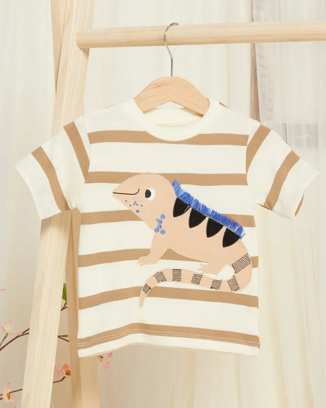 Infant Boys Cream Dino Print Striped T-shirt sold by Redtag