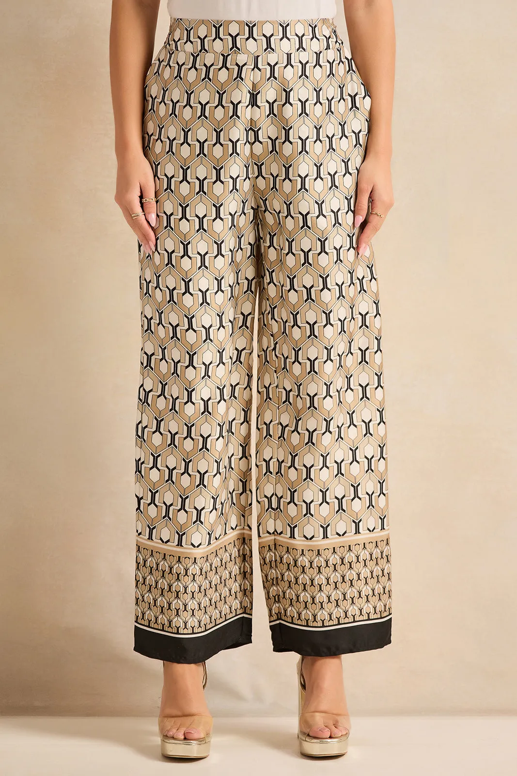 Women Beige Printed Wide Leg Trousers sold by Redtag