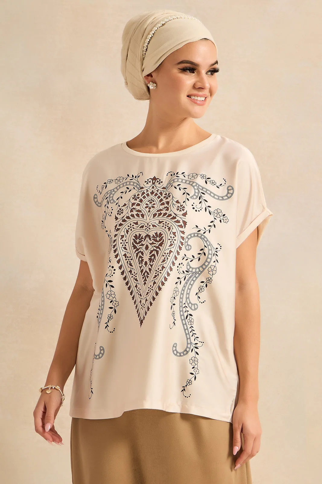 Women Beige Short Sleeve Embellished Top sold by Redtag
