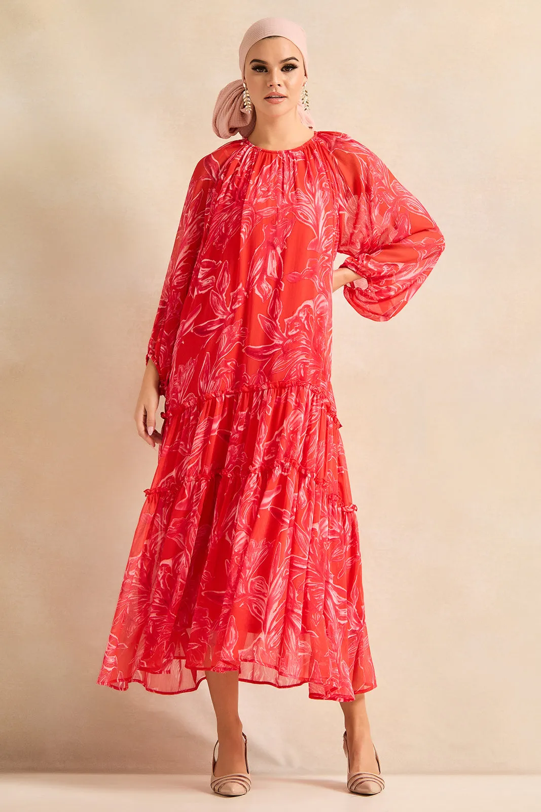 Women Red Printed Tier Dress sold by Redtag