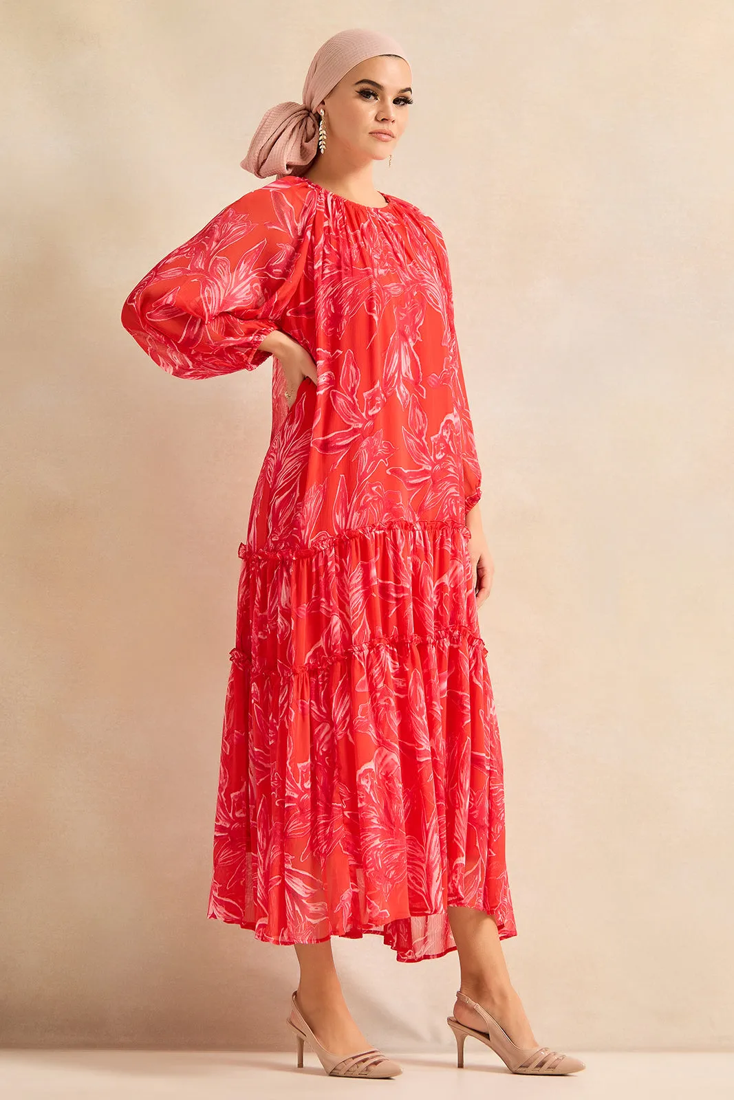 Women Red Printed Tier Dress sold by Redtag product image thumbnail 4