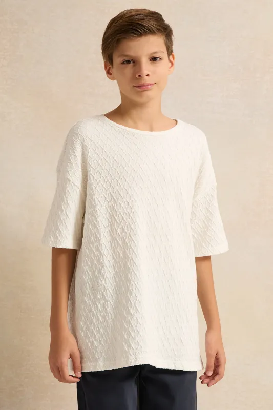 Senior Boys White Plain Jacquard Oversize T-shirt sold by Redtag