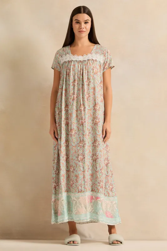 Women Green With Pink Floral Nightgown sold by Redtag